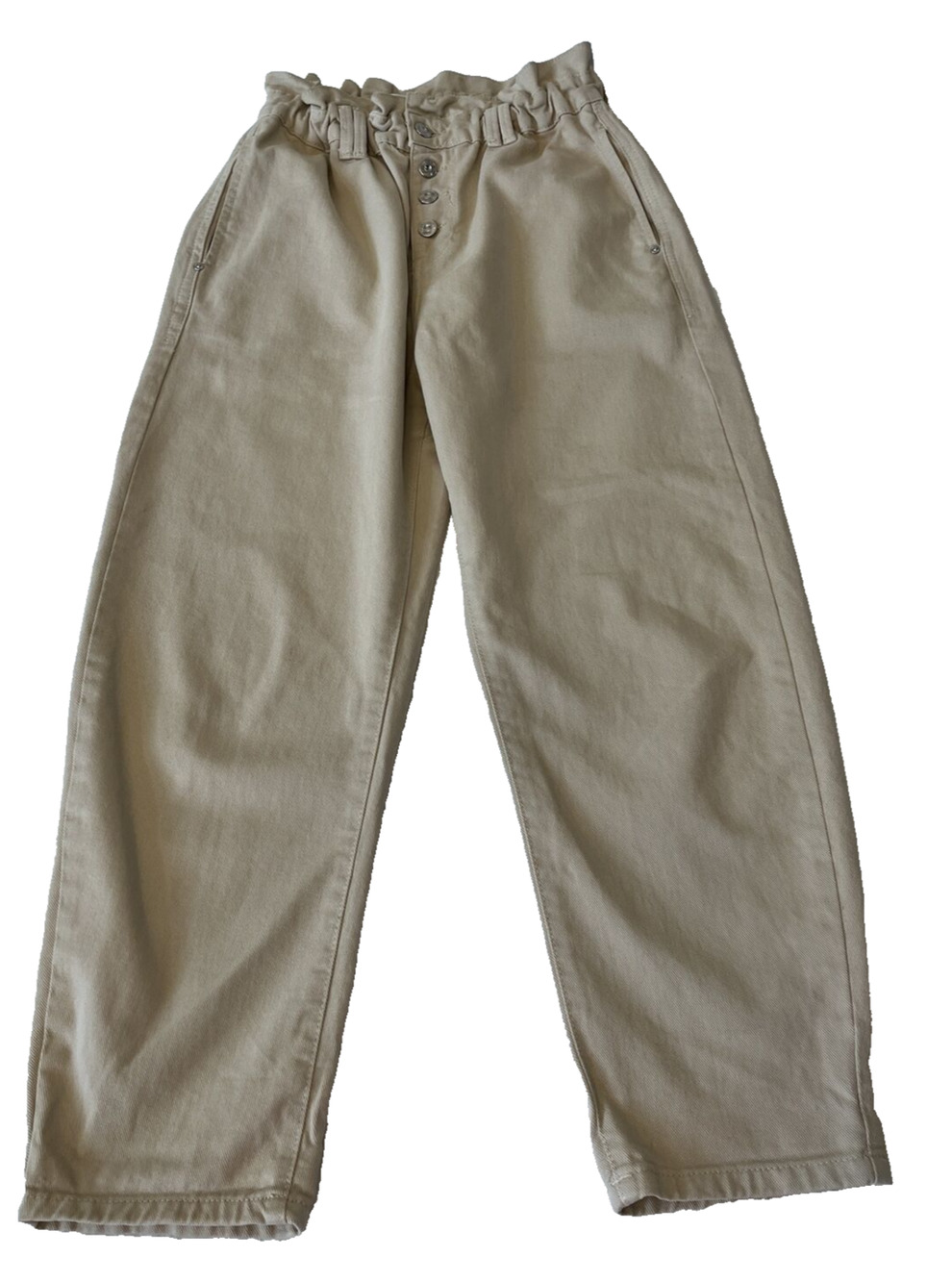 ZARA Women High-Rise Paperbag Pants Sz 6 Tan Loose Pockets Button Fly